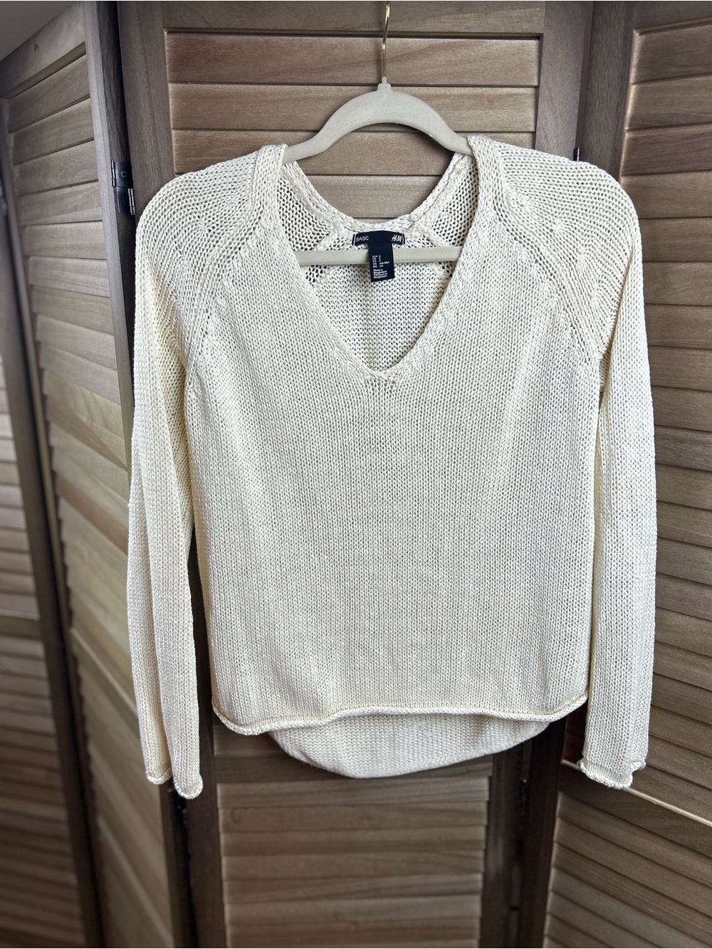 H&M Basic Cream Open Knit Hooded Sweater Women’s Small High Low Hem